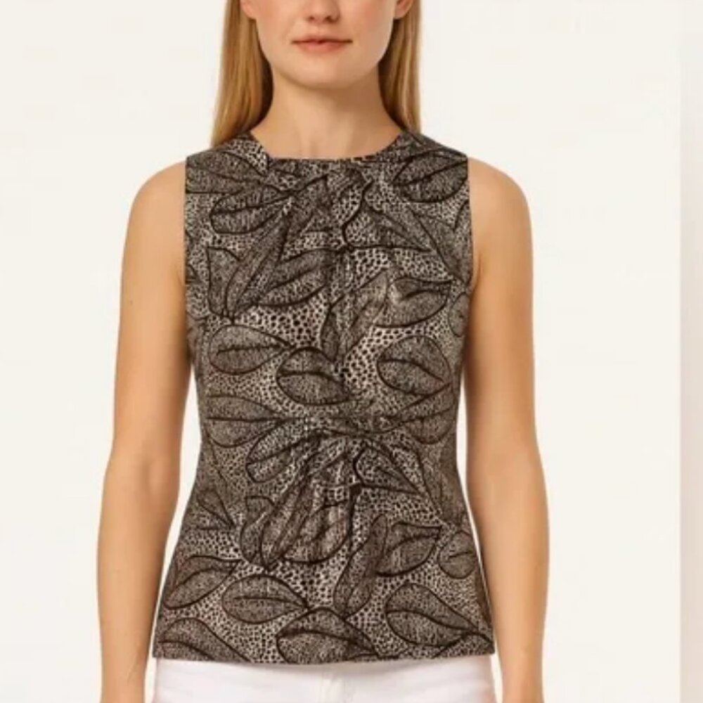 Vintage Tory Burch Black & Gold Silk Sleeveless Round Neck Back Zip Blouse